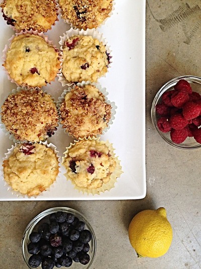 muffins with blueberries, raspberries, and lemon