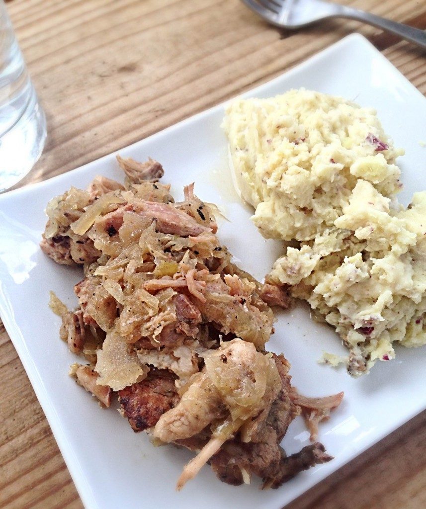 pork chops with bacon and sauerkraut with smashed potatoes