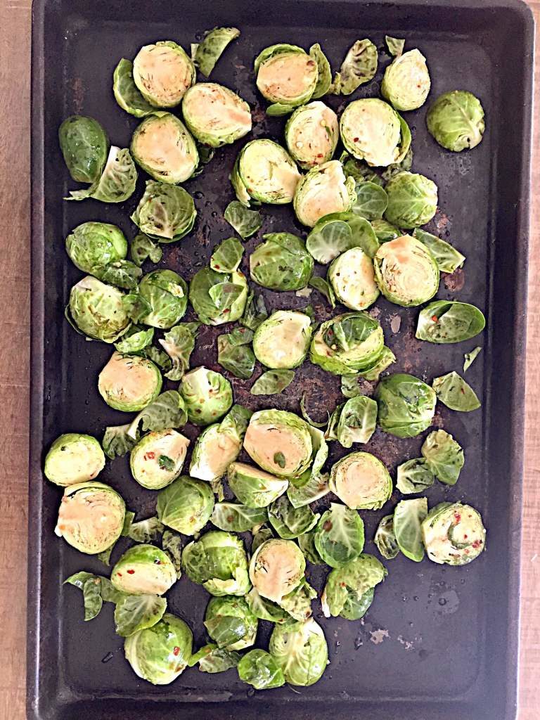 sweet ‘n spicy Brussels sprouts on pan
