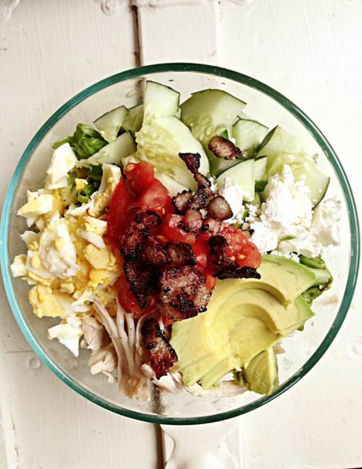 Big Ass Salad with HB egg and chicken [P], bacon, avocado &amp; goat cheese [HF] and cucumbers, lettuce and tomato [F]