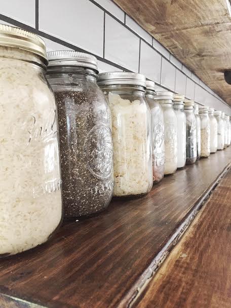 mason jars lined in pantry