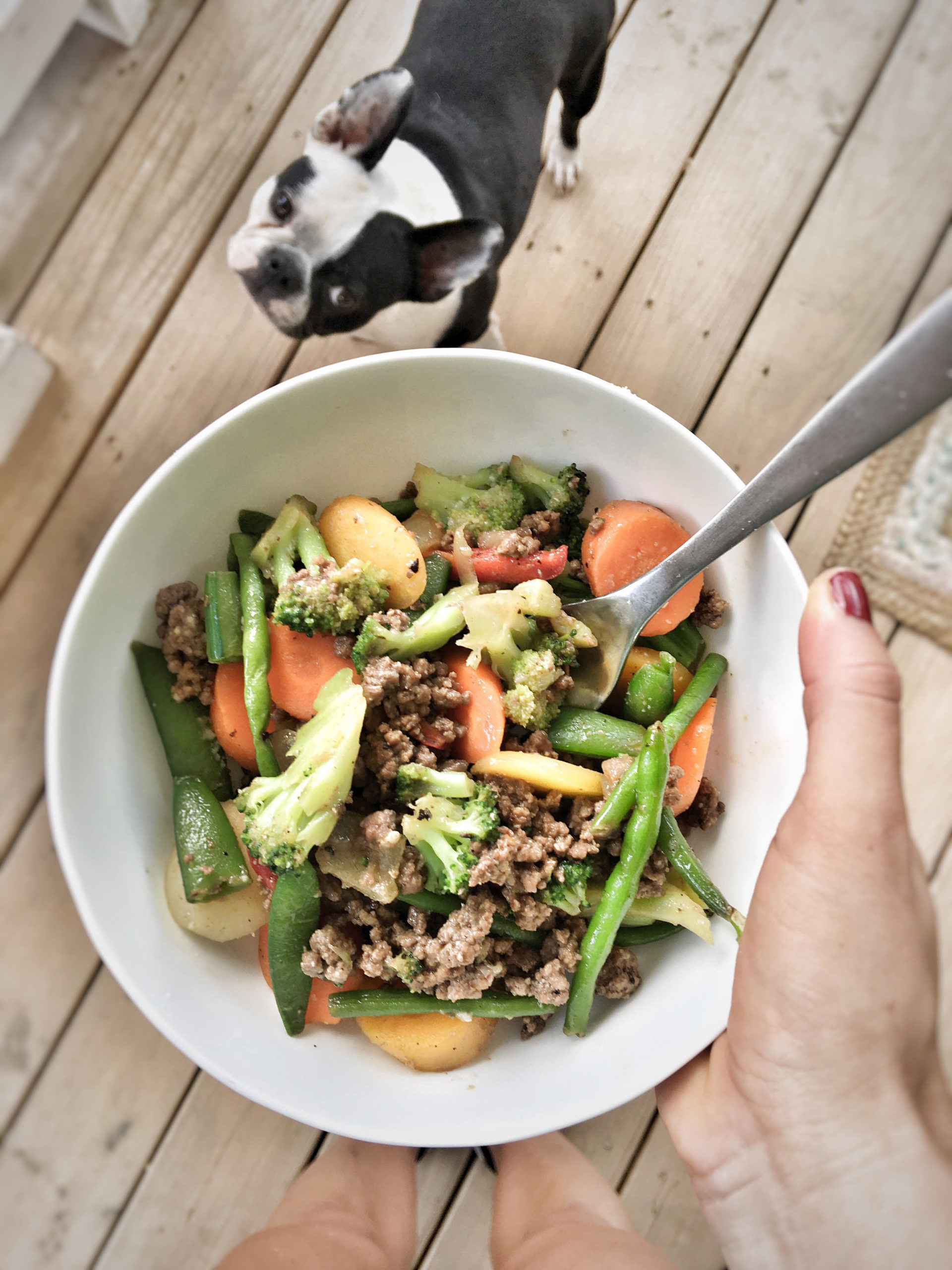 hand holding ground beef stir-fry in bowl