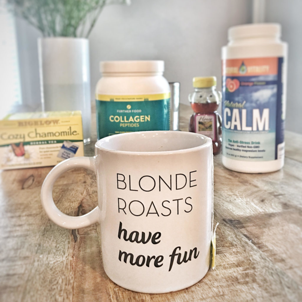 chamomile, collagen, honey, natural calm, white mug with words “blonde roasts have more fun”