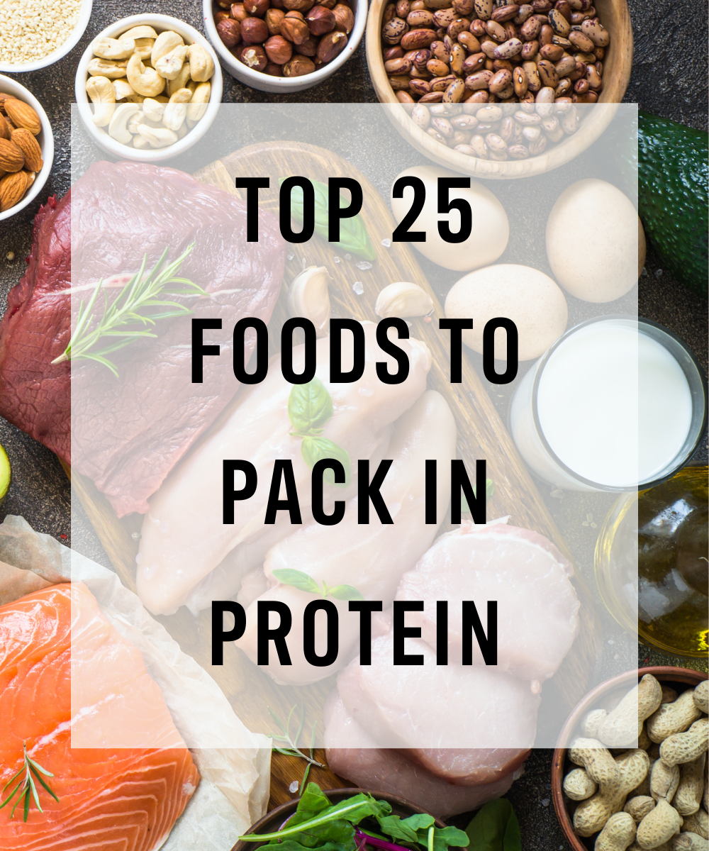 "Top 25 Foods to Pack in Protein" over salmon, chicken, eggs, milk, meat, nuts, and beans