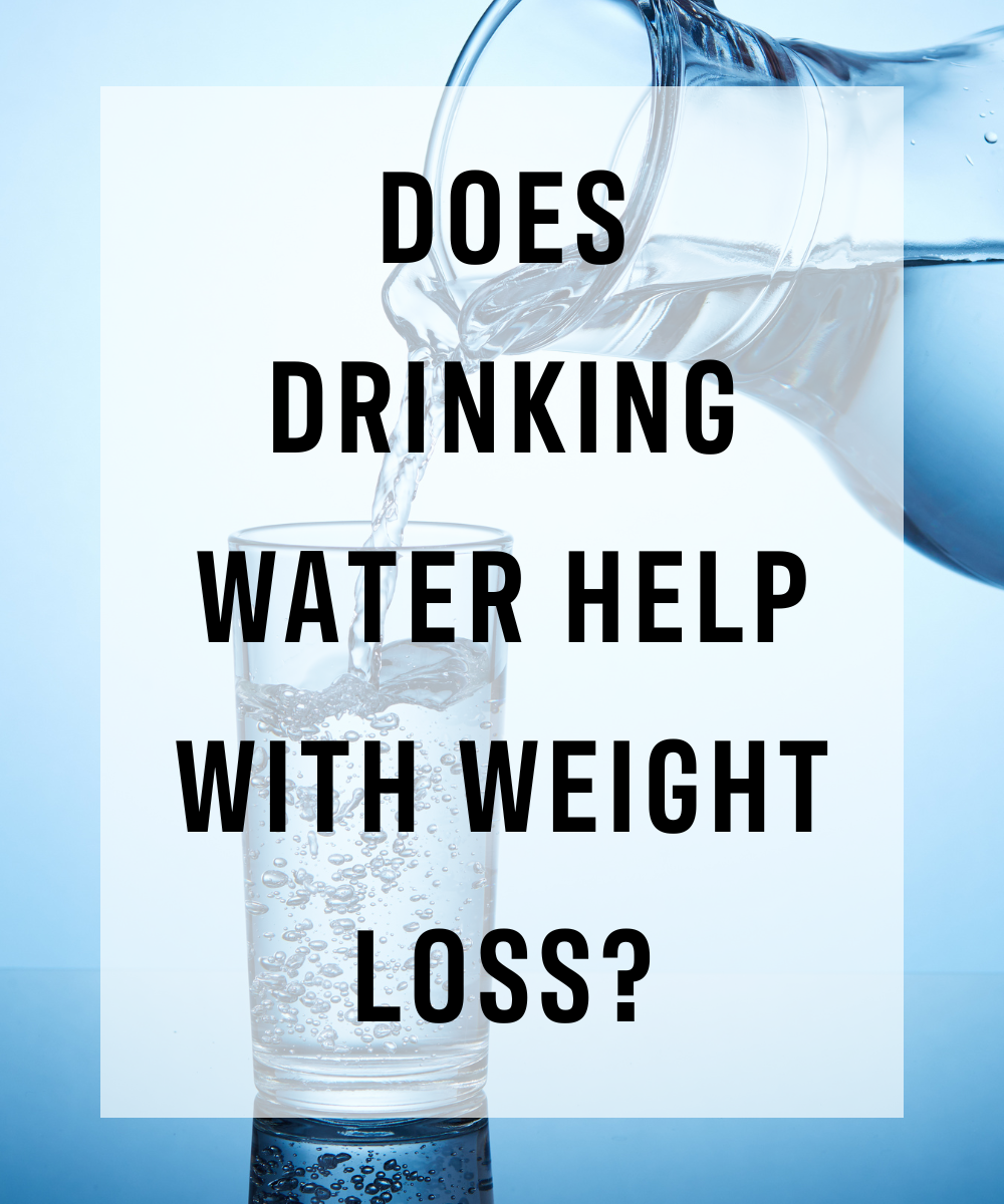 "does drinking water help with weight loss?" over image of carafe pouring water into a glass