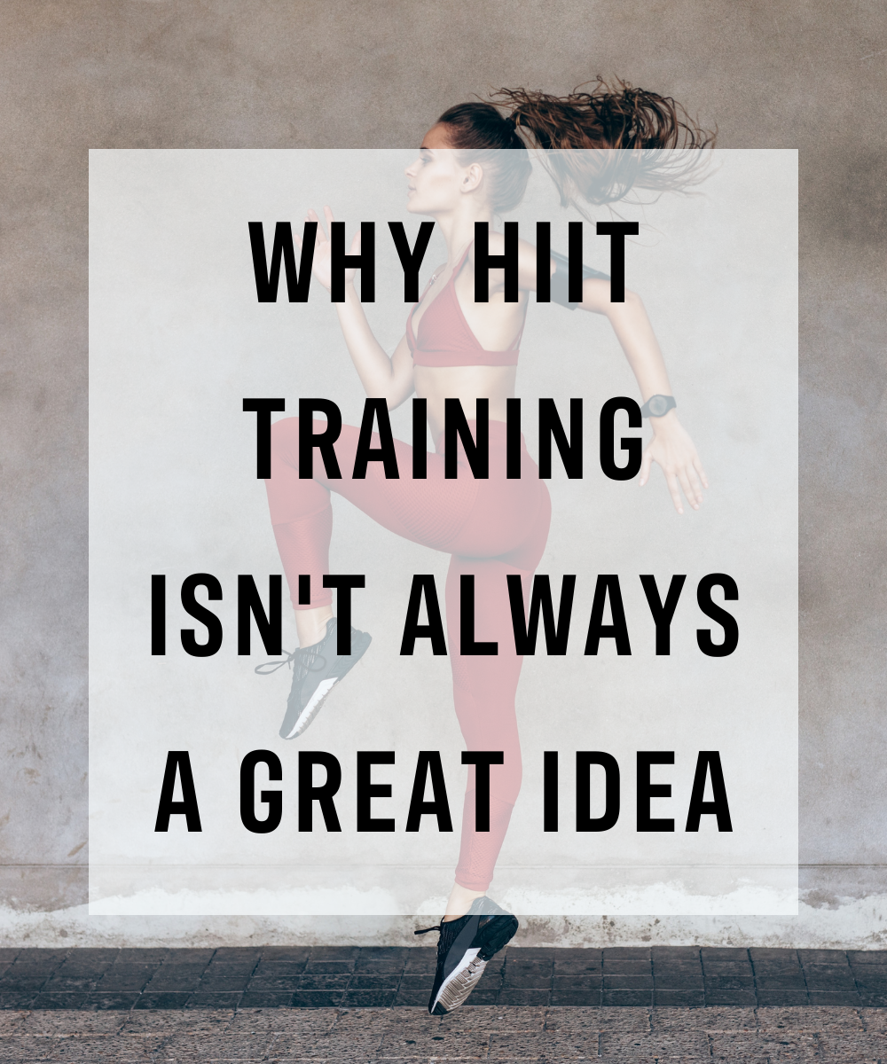 "why HIIT training isn't always a great idea" over woman in red workout clothes jumping