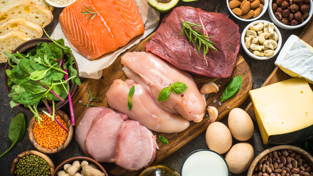 protein sources - raw pork, chicken, and beef, eggs, cheese, salmon, nuts, and beans