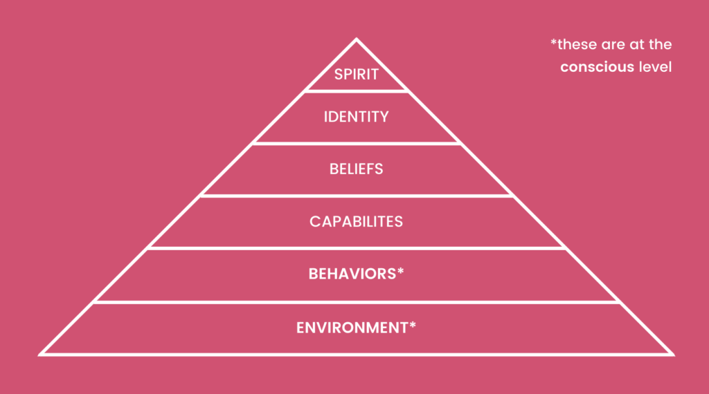pyramid from top to bottom:
- spirit
- identity
- beliefs
- capabilities
- behaviors*
- environment*
*these are at the conscious level