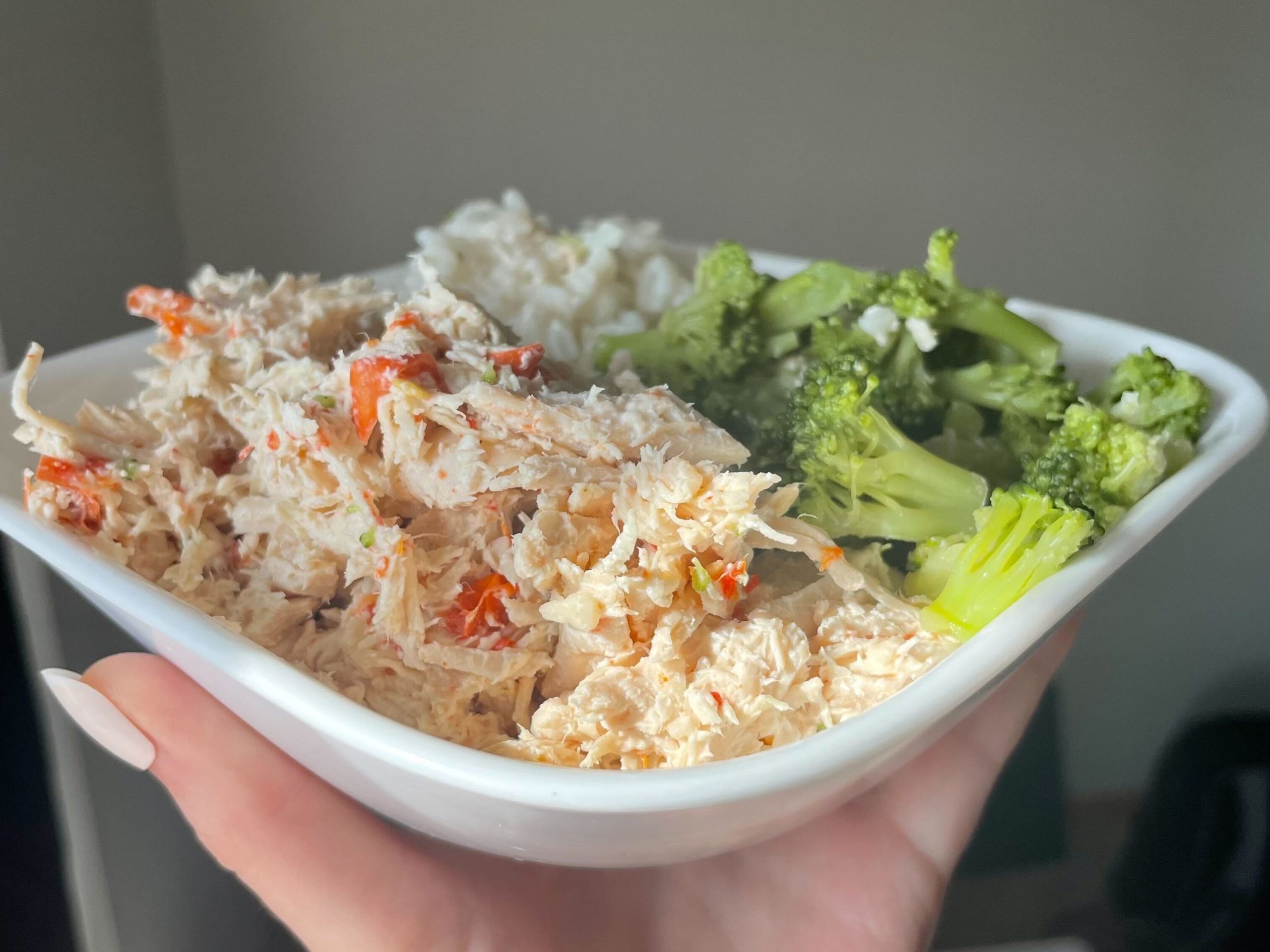 hand holding thai chicken with white rice and broccoli