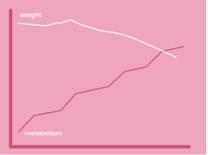 Graph showing metabolism increasing over time and weight slowly decreasing over time.