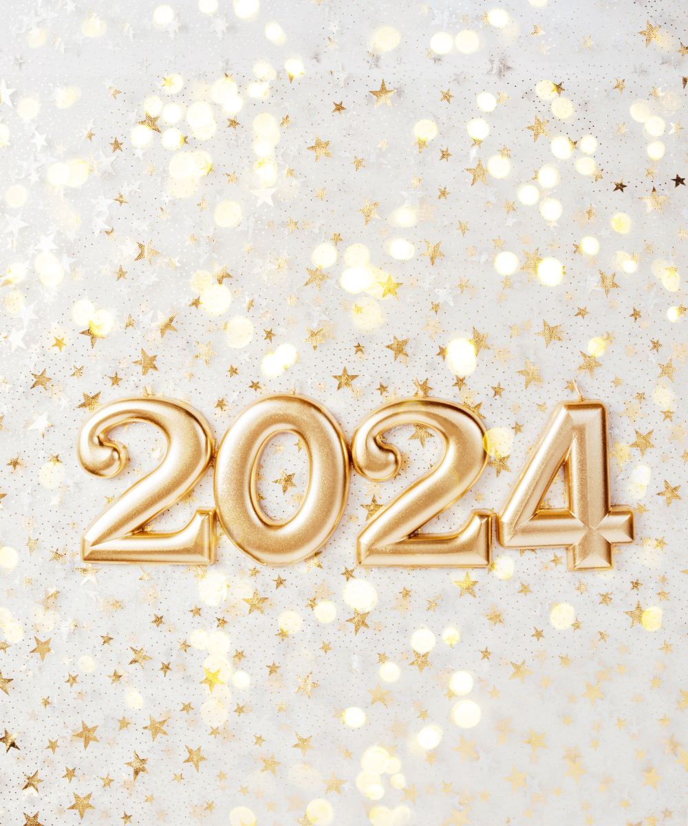 gold confetti surrounding balloons that say 2024