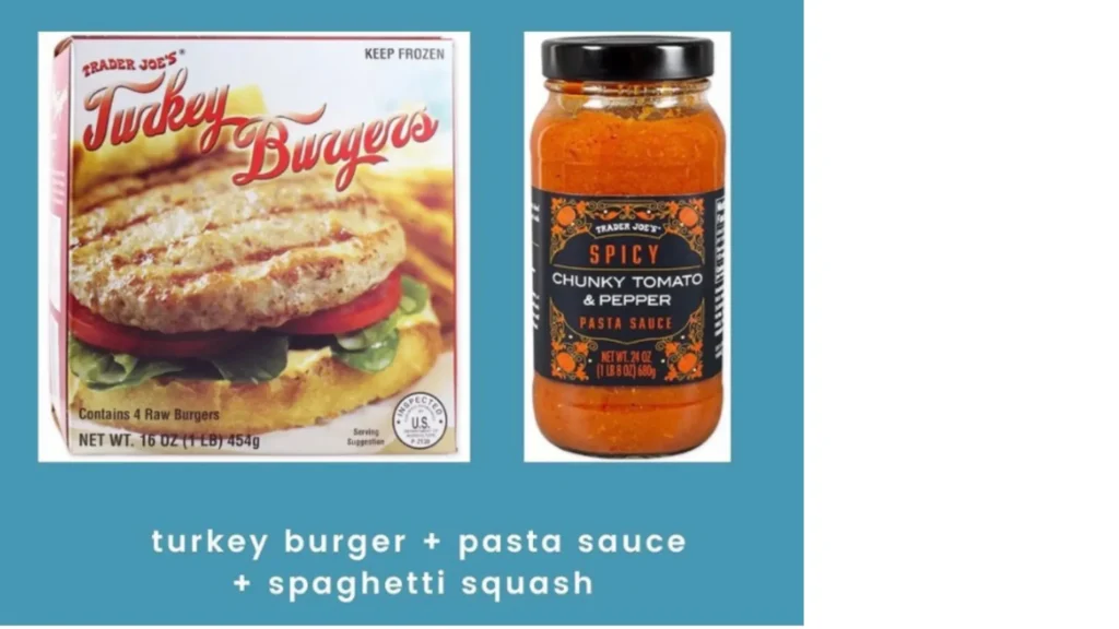 Photos of Trader Joe's frozen turkey burgers and spicy chunky tomato & pepper pasta sauce above the words "turkey burger + pasta sauce + spaghetti squash"
