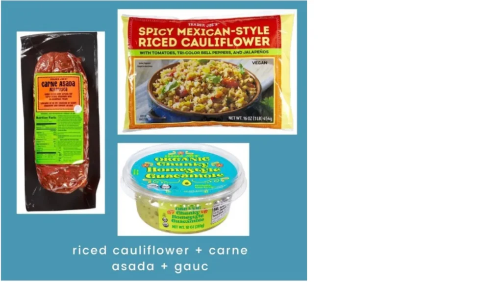 Photos of Trader Joe's Carne Asada, spicy mexican style riced cauliflower and organic chunky homestyle guacamole above the words "riced cauilflower + carne asada + gauc