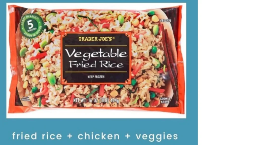 A photo of Trader Joe's vegetable fried rice (from frozen section) is shown above the words "fried rice + chicken + veggies".